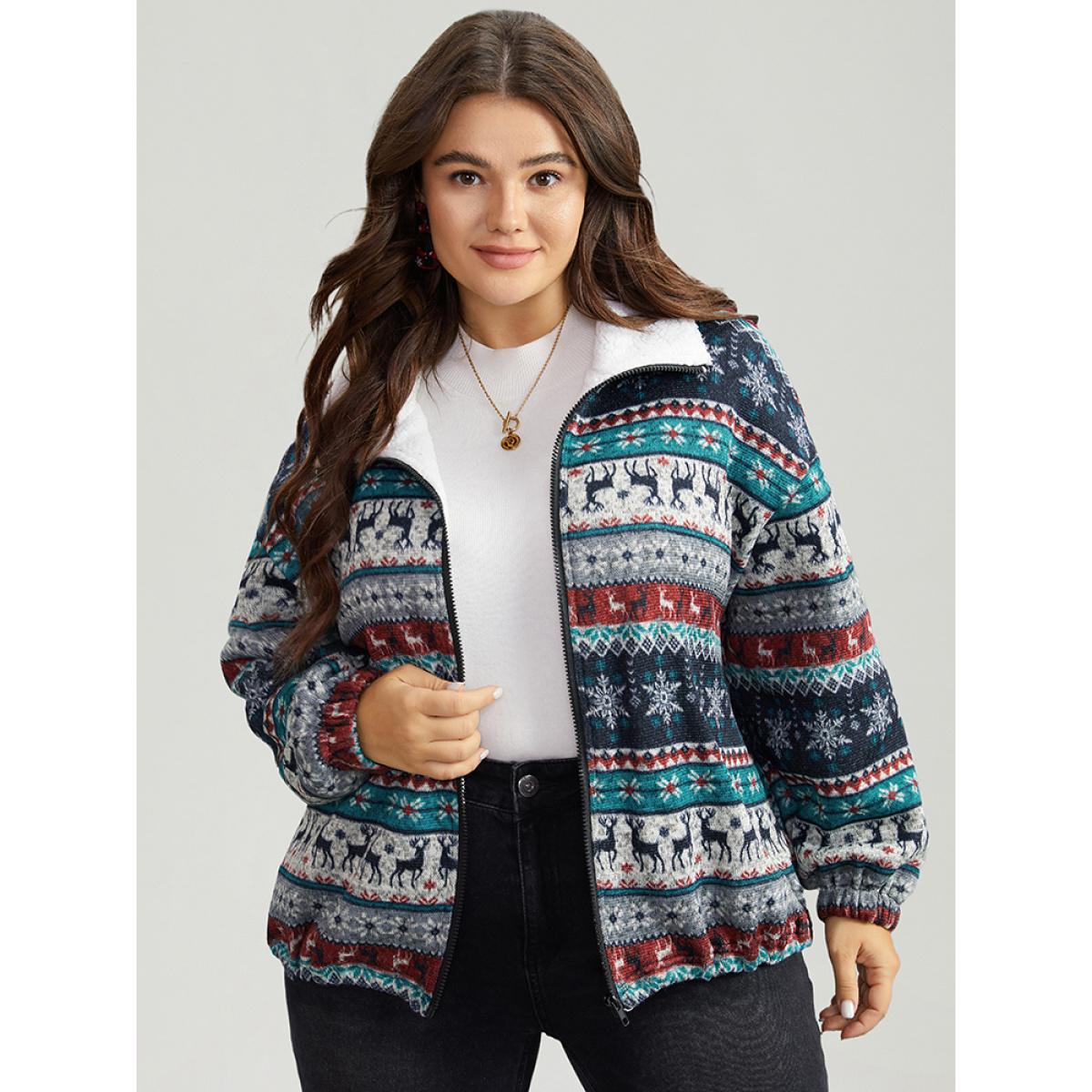 Plus Size Patchwork Contrast Drawstring Zipper Jacket Women Multicolor Elastic cuffs Dailywear Jackets BloomChic 14-16/1X Product Image