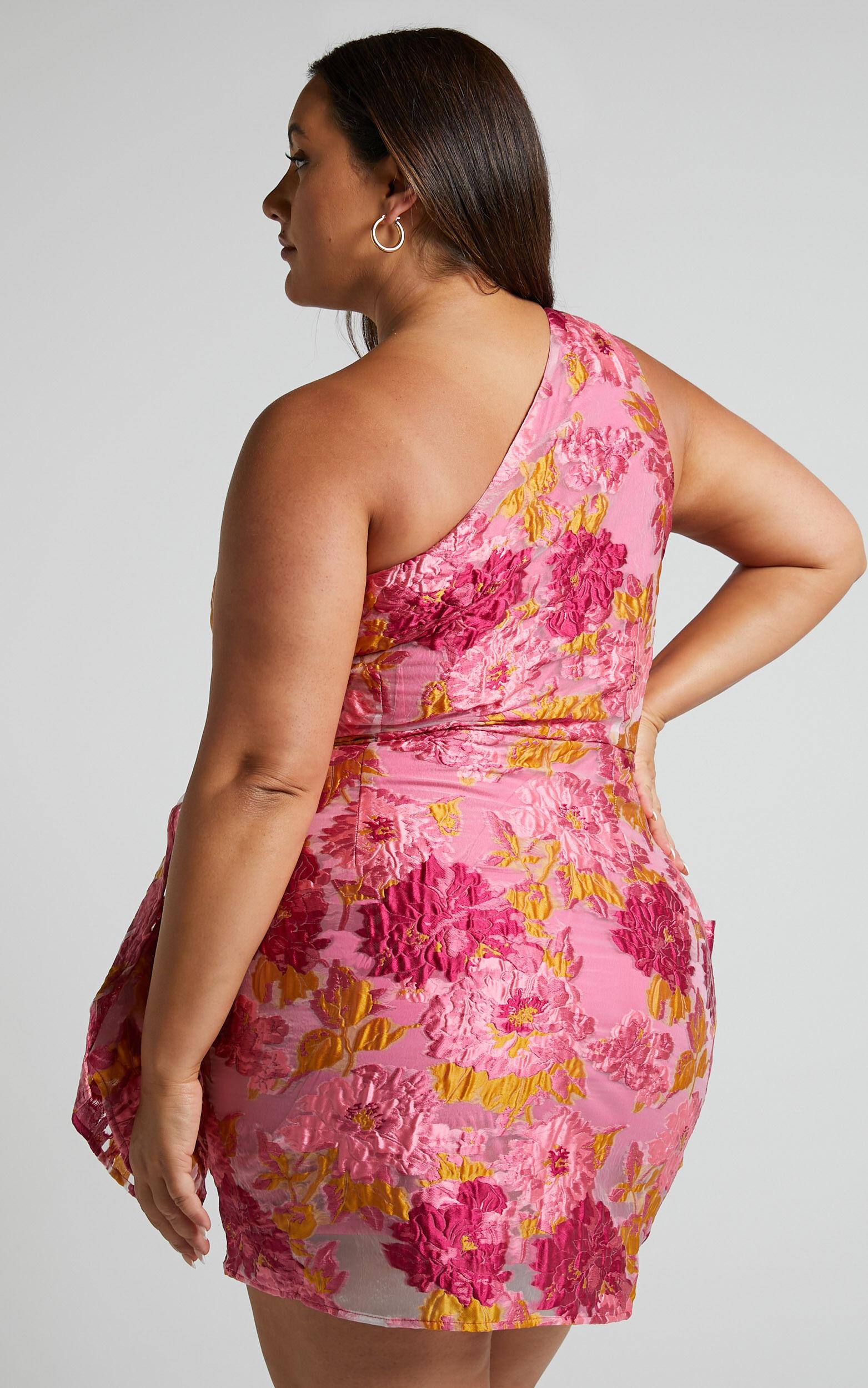 Brailey Mini Dress - One Shoulder Wrap Front Dress in Pink Jacquard Product Image