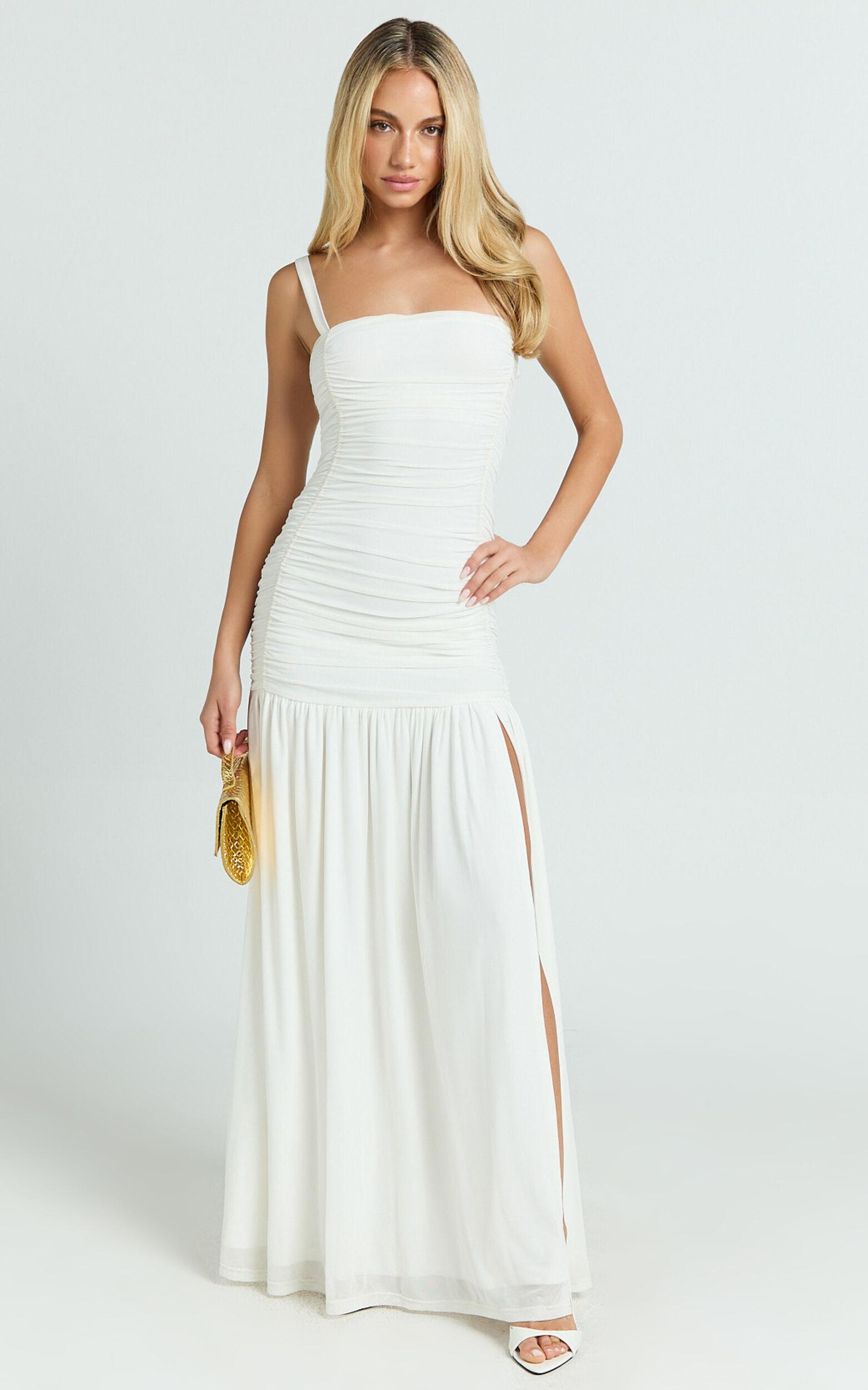 Cardi Maxi Dress - Ruched Mesh High Leg Split Dress in Ivory Product Image