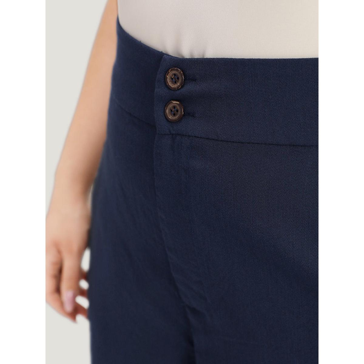 Plus Size Solid Button Up Pocket Wide leg High Rise Pants Women Indigo Office Straight Leg High Rise Work Pants BloomChic 10/M Product Image