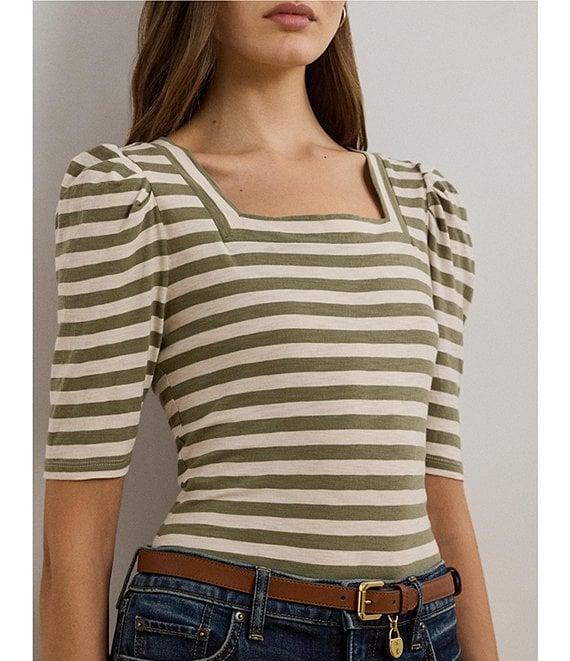 Lauren Ralph Lauren Knit Stripe Print Square Neck Short Puff Sleeve Tee Shirt Product Image