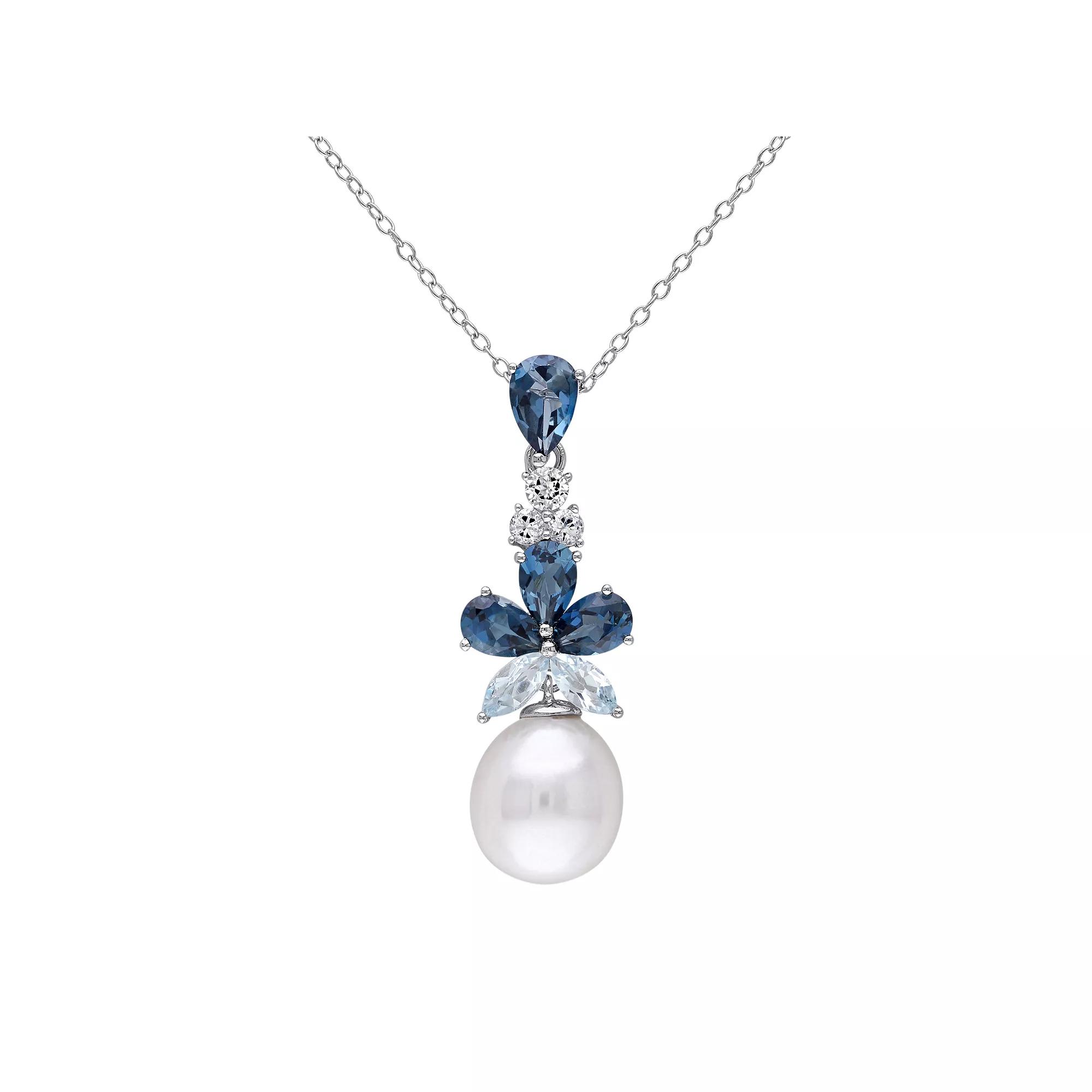 Stella Grace Sterling Silver Blue & White Topaz Freshwater Cultured Pearl Pendant, Women's,  Product Image