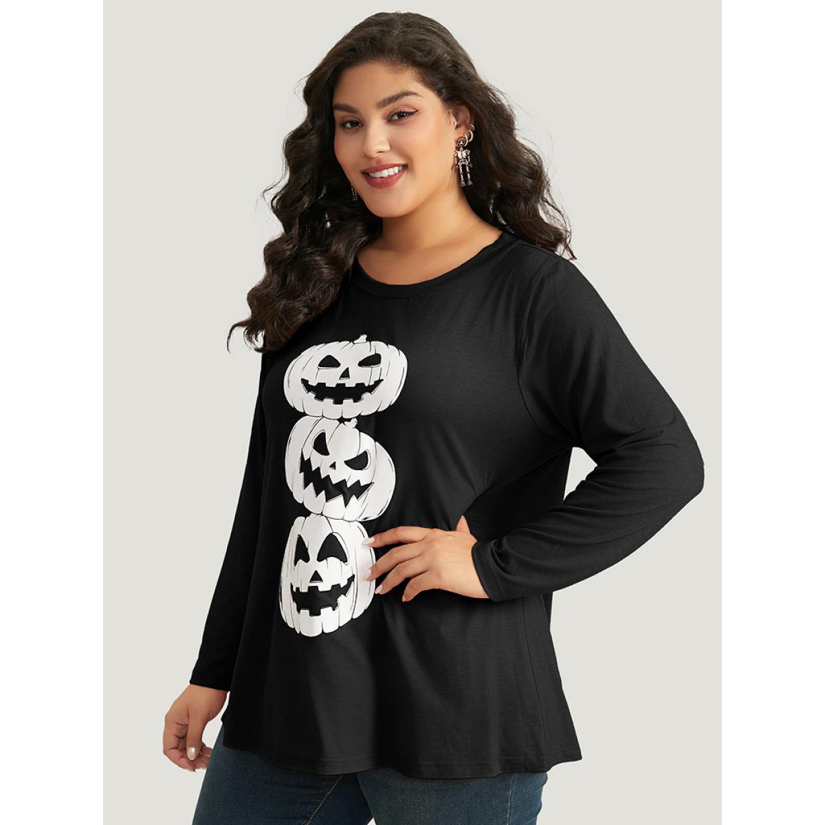 Plus Size Halloween Three Pumpkin Print Crew Neck T-shirt Black Women Casual Printed Halloween Festival-Halloween T-shirts BloomChic 28/5X Product Image