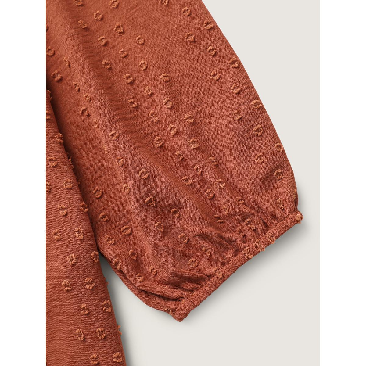 Plus Size Rust Textured Lace Trim Pleated Neck Blouse Women Timeless Long Sleeve Round Neck Elegant Blouses BloomChic 10/M Product Image