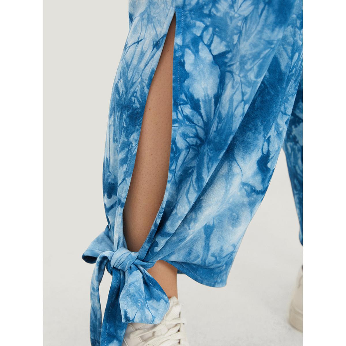 Plus Size Tie Dye Pocket Cut Out Knotted Hem Pants Women Blue Casual Mid Rise Dailywear Pants BloomChic 12/L Product Image
