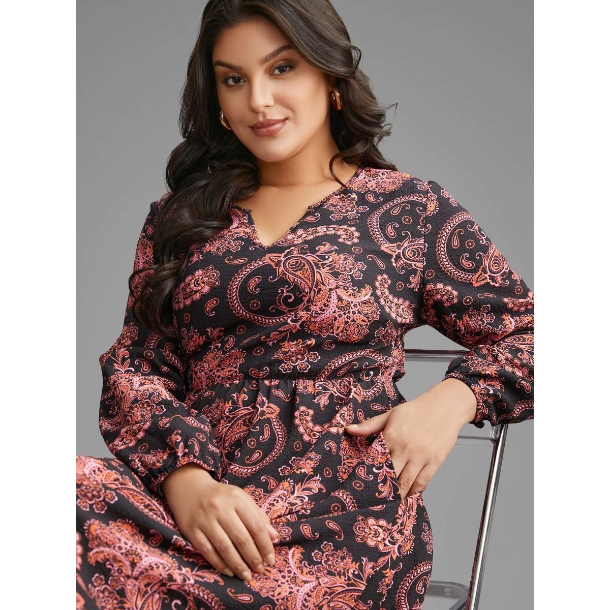 Plus Size Boho Print Notched Collar Lantern Sleeve Dress BlackFlower Women Resort Non Notched collar Long Sleeve Curvy BloomChic 12/L Product Image