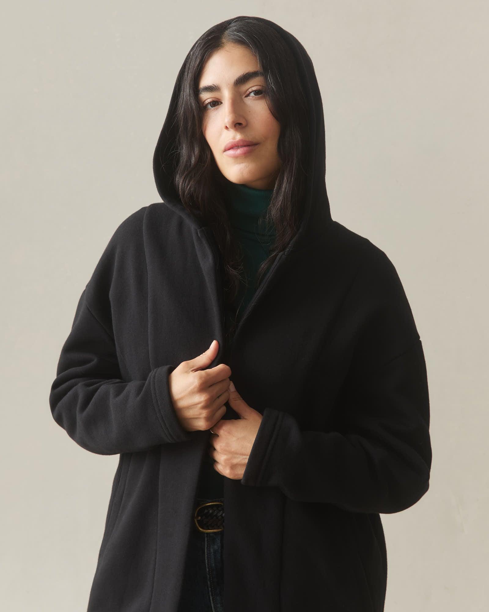 Women's Fleece Long Coat - Black Product Image