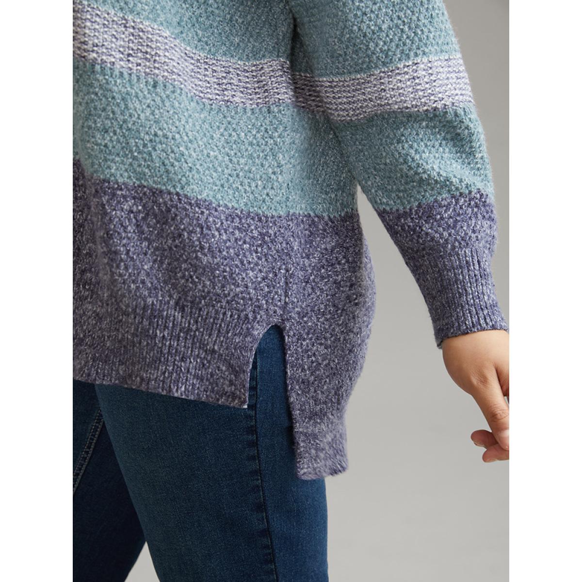 Plus Size Colorblock Heather Split Side High Low Hem Pullover Cerulean Women Casual Loose Long Sleeve V-neck Dailywear Pullovers BloomChic 22-24/3X Product Image