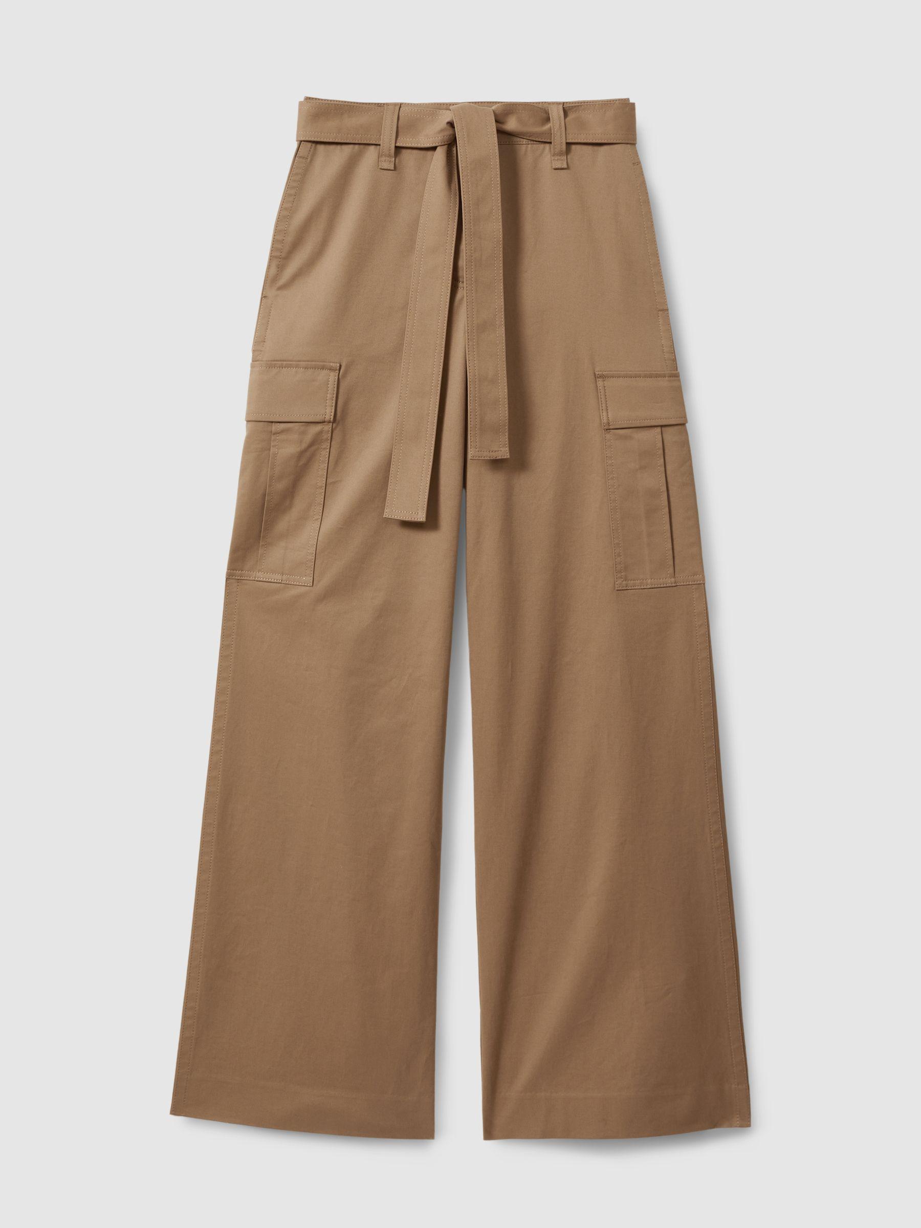 Cotton Blend Wide Leg Cargo Trousers in Camel Product Image