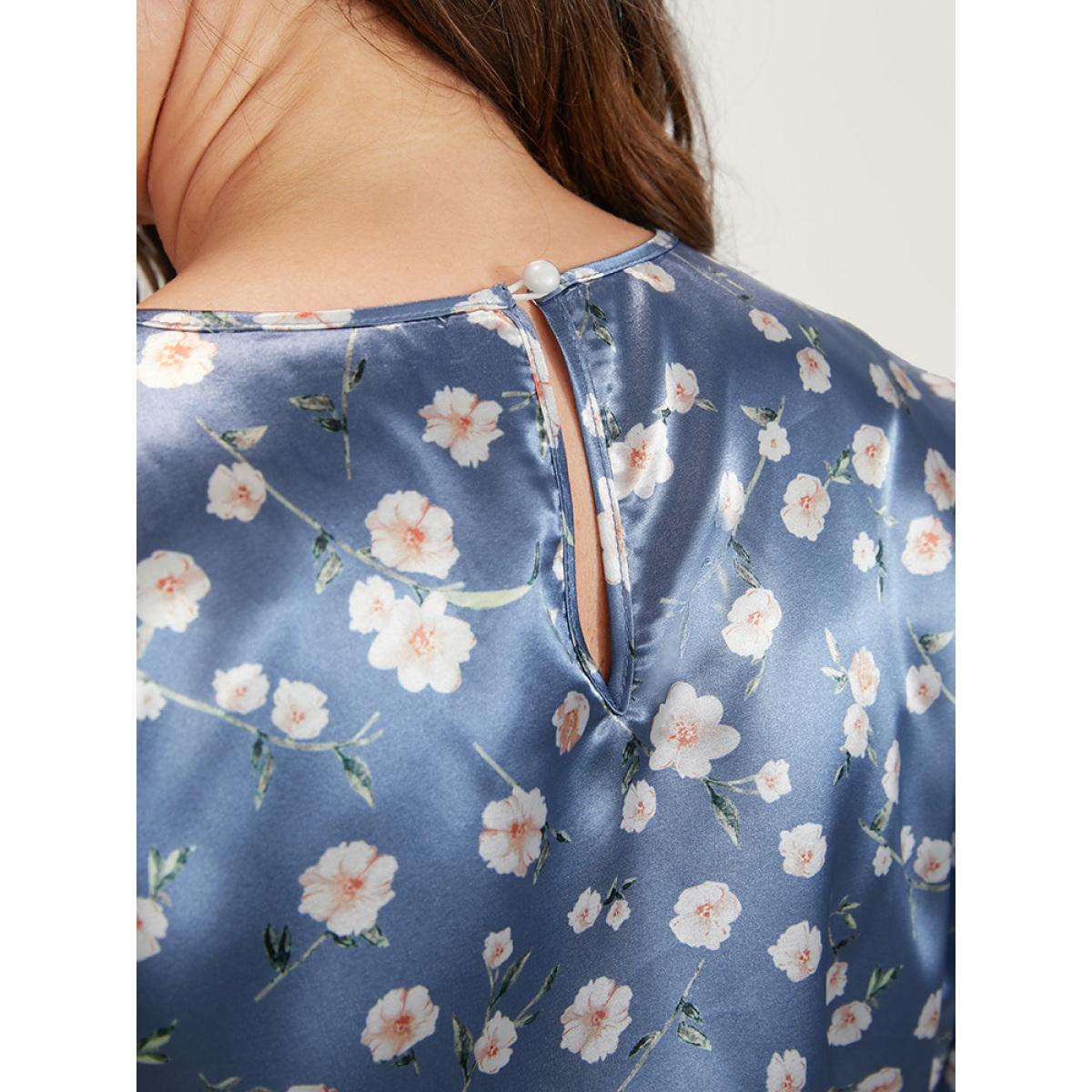 Plus Size Floral Keyhole Back Pocket Belted Satin Midi Dress Aegean Women Elegant Pocket Round Neck Long Sleeve Curvy Midi Dress BloomChic 14-16/1X Product Image