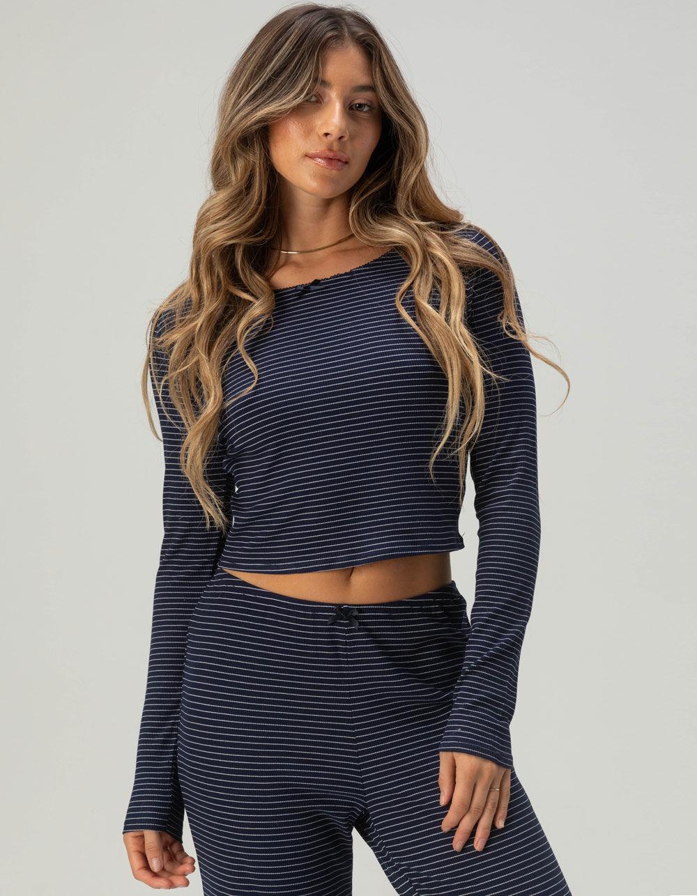 FULL TILT Rib Picot Trim Womens Long Sleeve Stripe Tee - NAVY COMBO Product Image