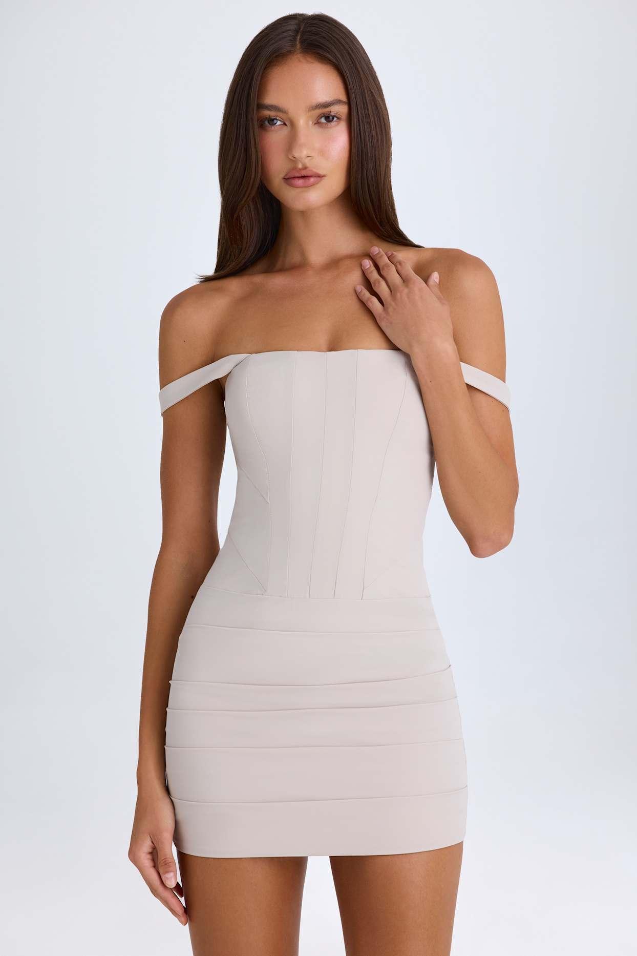 Off-Shoulder Corset Mini Dress in Taupe Product Image