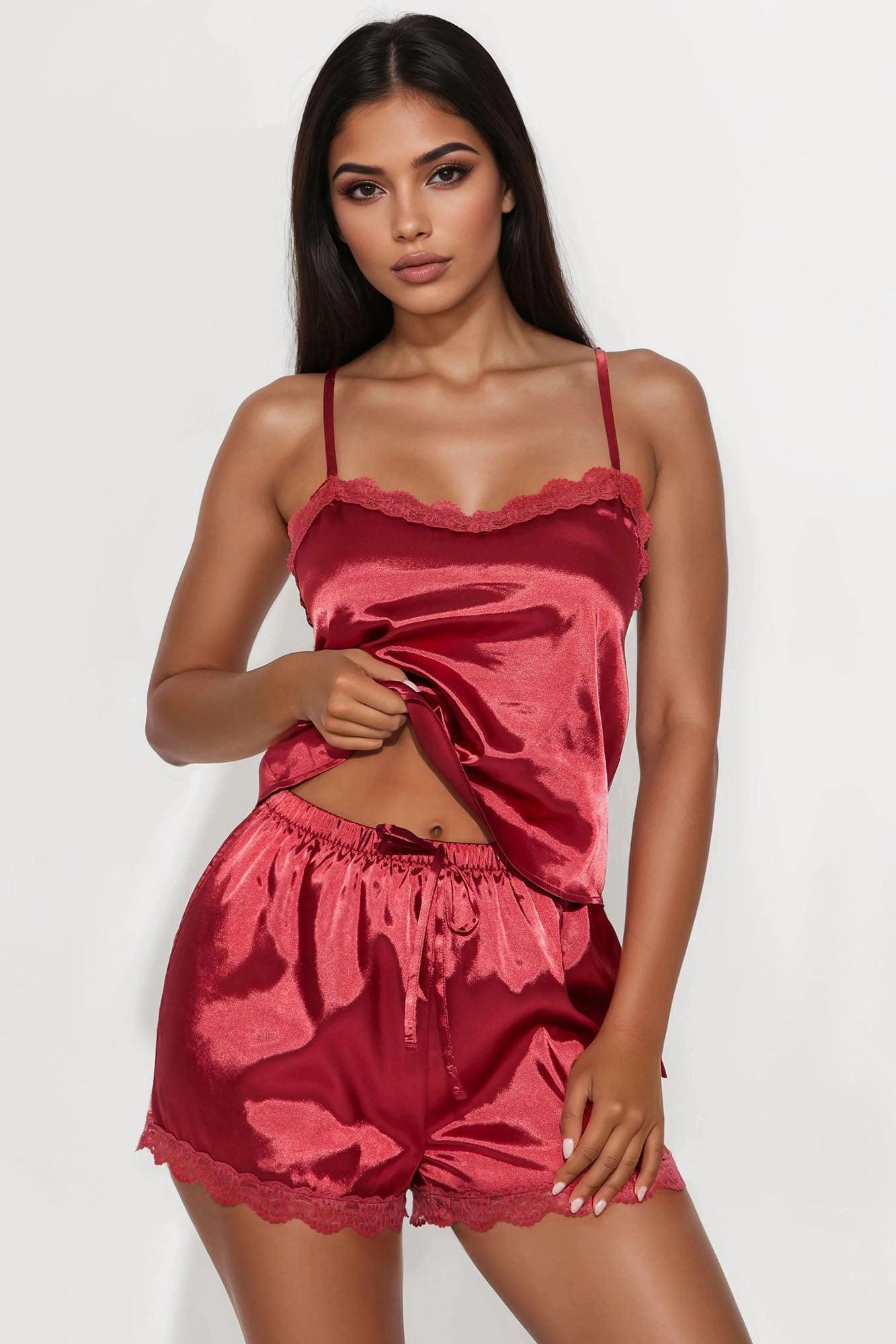 Like A Princess Satin PJ Short Set - DarkRed Product Image