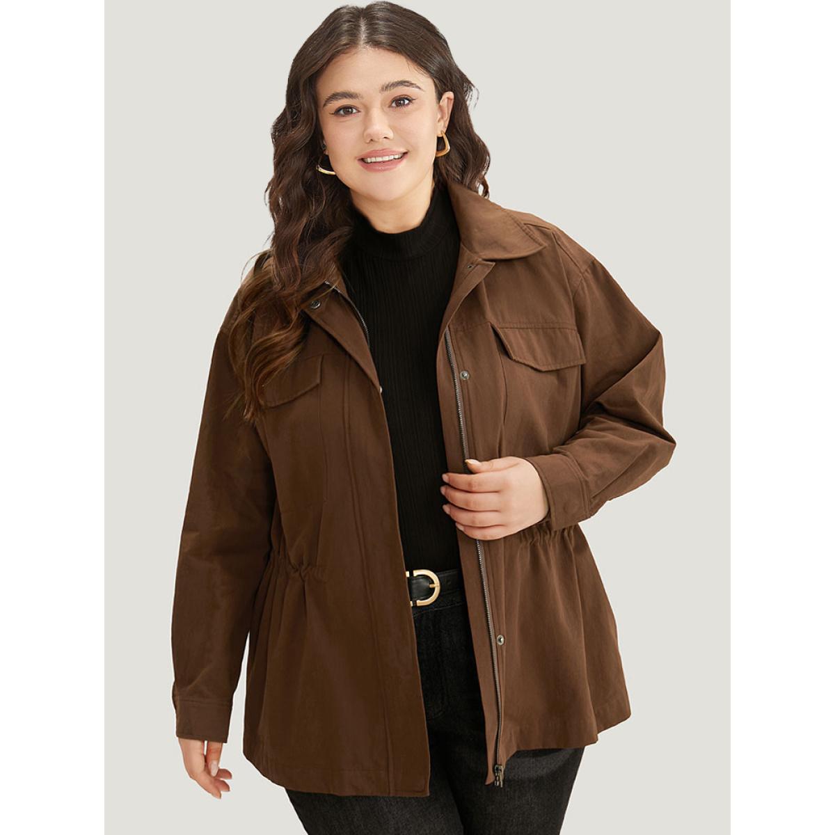 Plus Size Plain Flap Pocket Gathered Coat Women Maroon Casual Gathered Ladies Dailywear Winter Coats BloomChic 28/5X Product Image