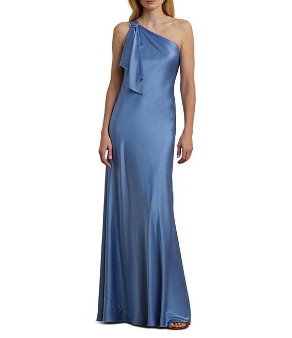 Lauren Ralph Lauren Satin One Shoulder Neck Sleeveless Ruffle Drape Detail Column Gown Product Image