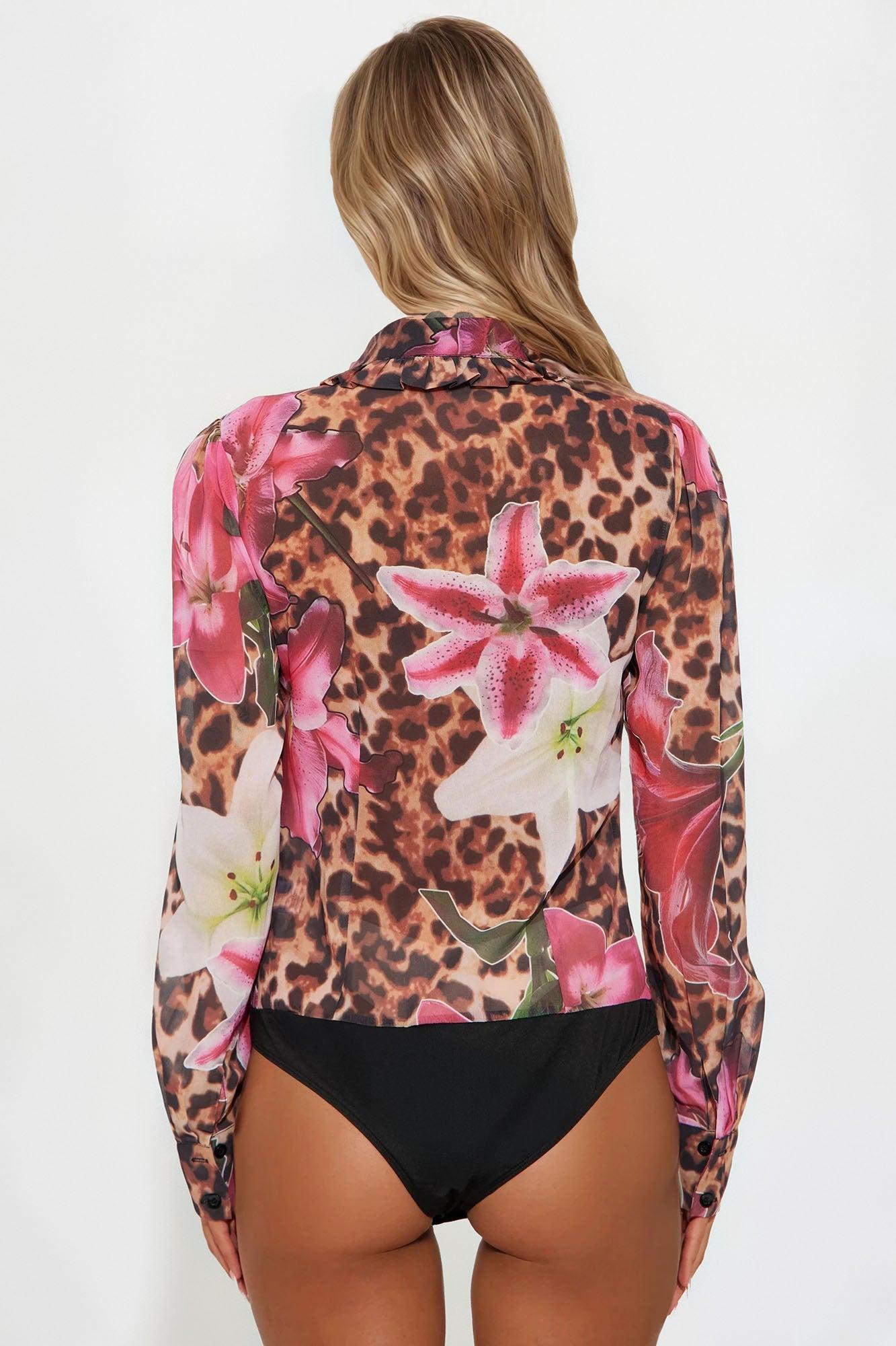 Mishelle Chiffon Floral Leopard Bodysuit - Brown/combo Female Product Image