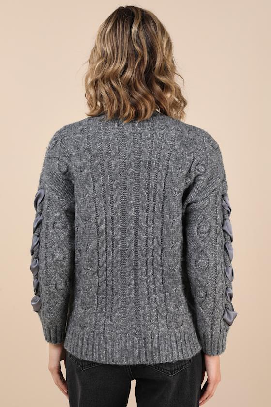 Hesper Heather Grey Cable Knit Lace-Up Cardigan Sweater Product Image