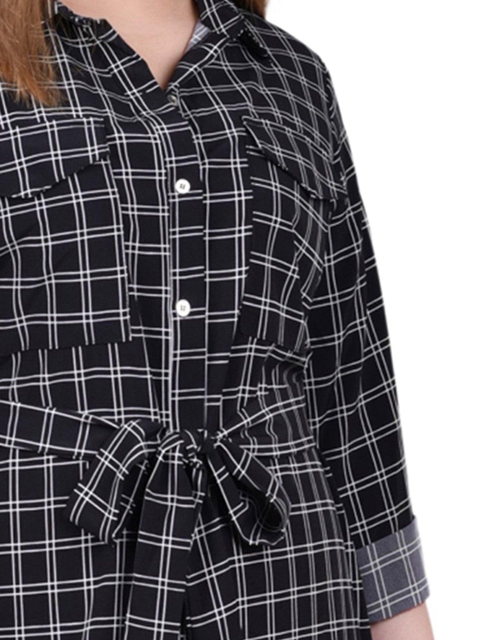 Black Gridview 3/4 Roll Tab Sleeve Belted Shirtdress - Plus Product Image