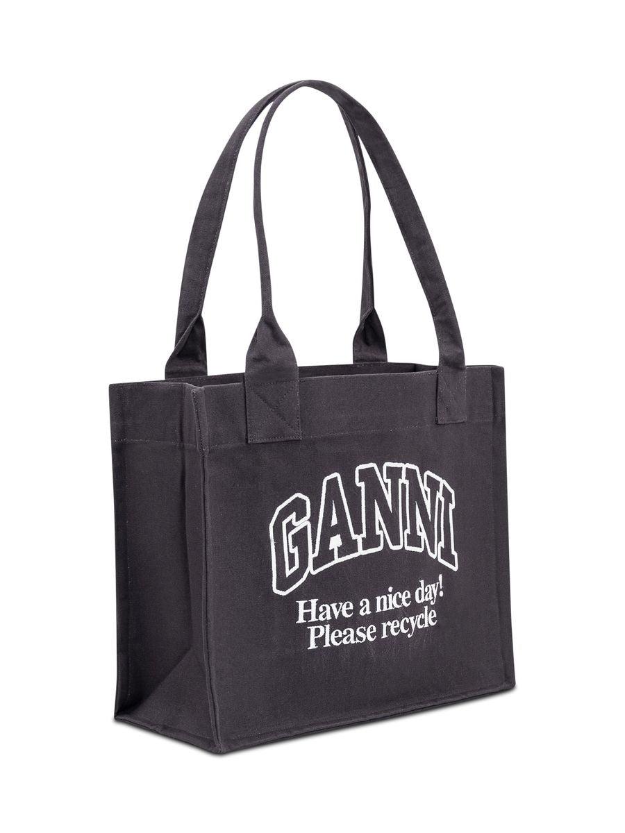 GANNI Black Shopper With Embroidered Logo On The Front In Denim Woman In Multicolor Product Image