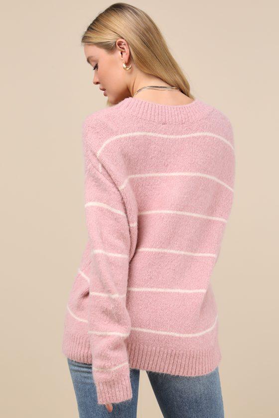 Get a Little Cozier Pink Striped Knit Oversized Sweater Product Image