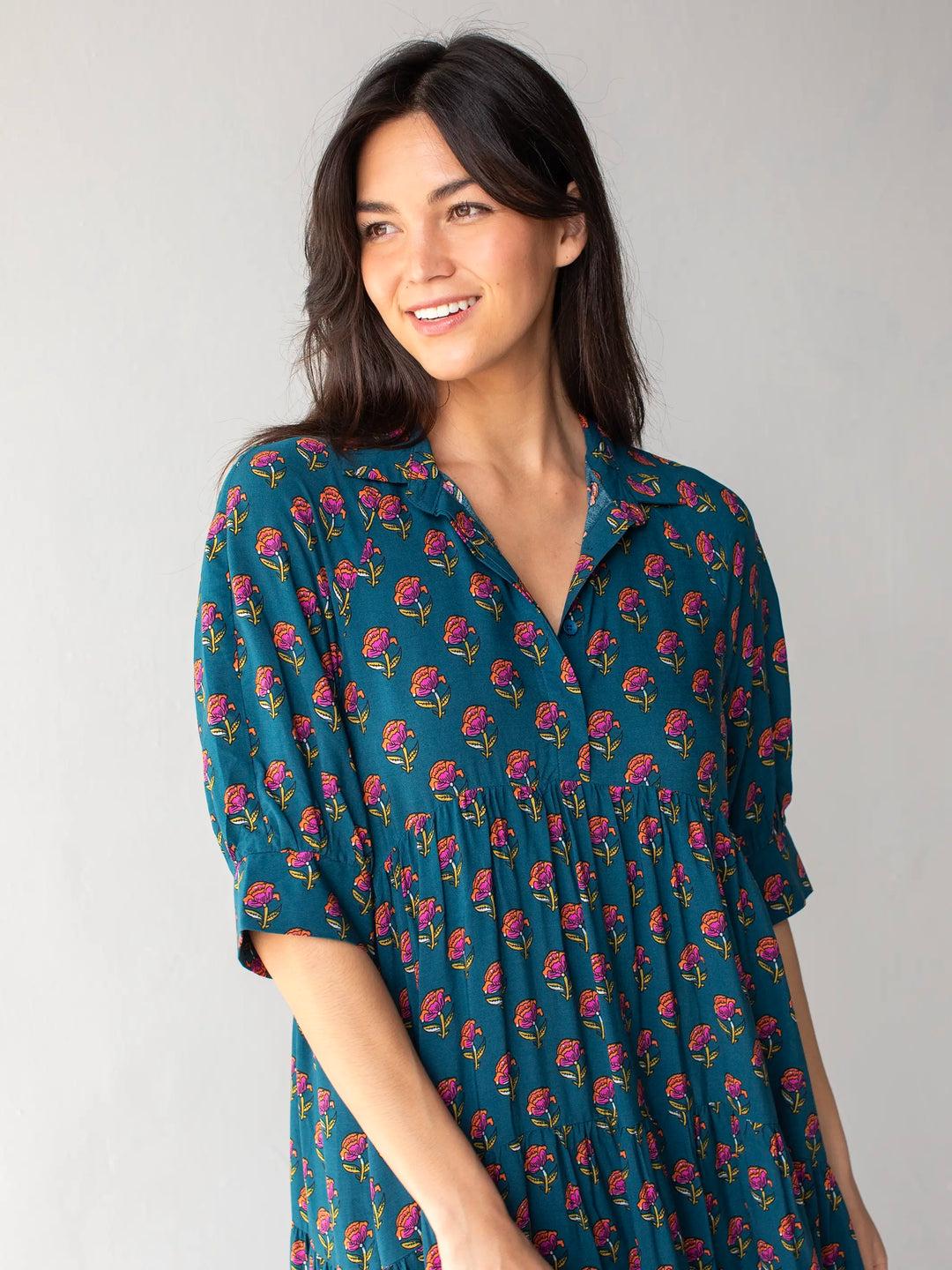 Rebecca Midi Dress - Navy Red Bouquets Product Image