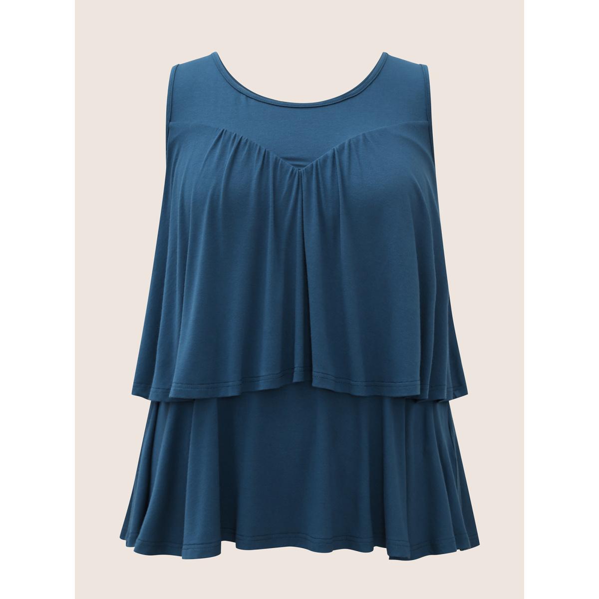 Plus Size Plain Round Neck Tiered Ruffles Tank Top Women Indigo Casual Tiered Round Neck Everyday Tank Tops Camis BloomChic 10/M Product Image