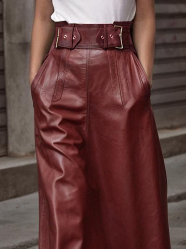 A-Line Loose Belted Solid Color Skirts Bottoms Product Image