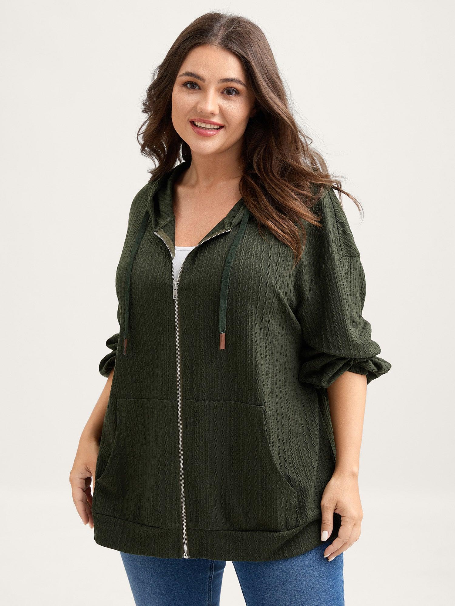 Textured Solid Pocket Zipper Hoodie Female Product Image