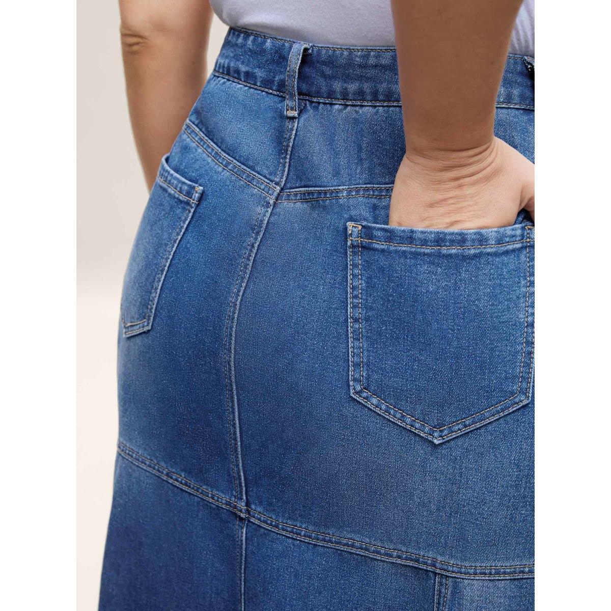 Plus Size A-Line Seamed Maxi Denim Skirt Women Midblue Elegant No stretch Medium Wash 20/2X Slanted pocket Denim Skirts BloomChic Product Image