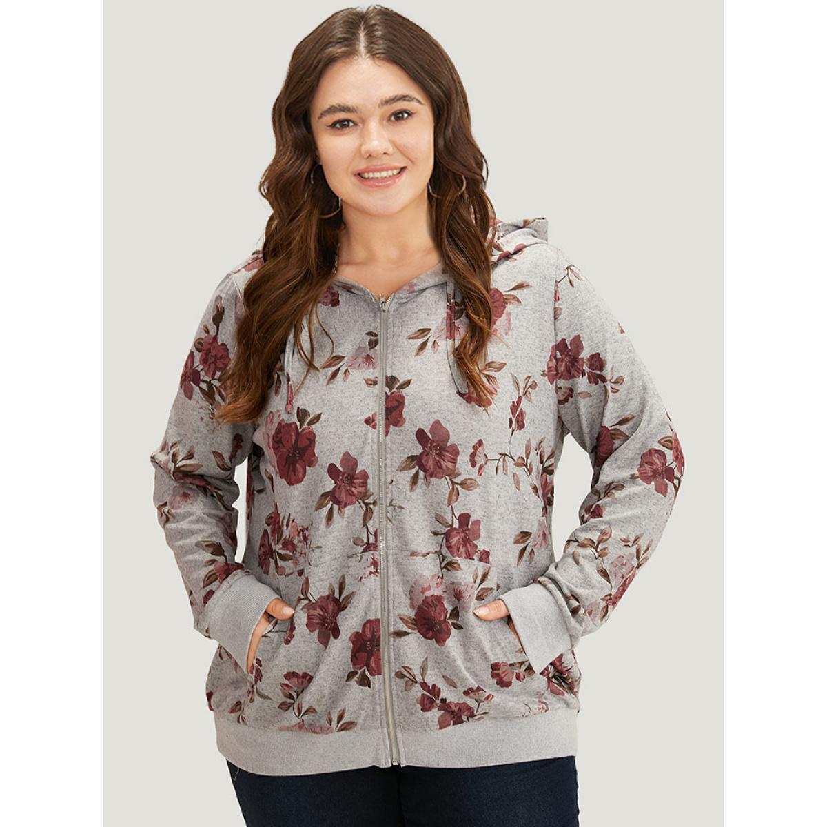 Plus Size Floral Print Pocket Drawstring Hooded Sweatshirt Women Gray Casual Printed Hooded Dailywear Sweatshirts BloomChic 22-24/3X Product Image