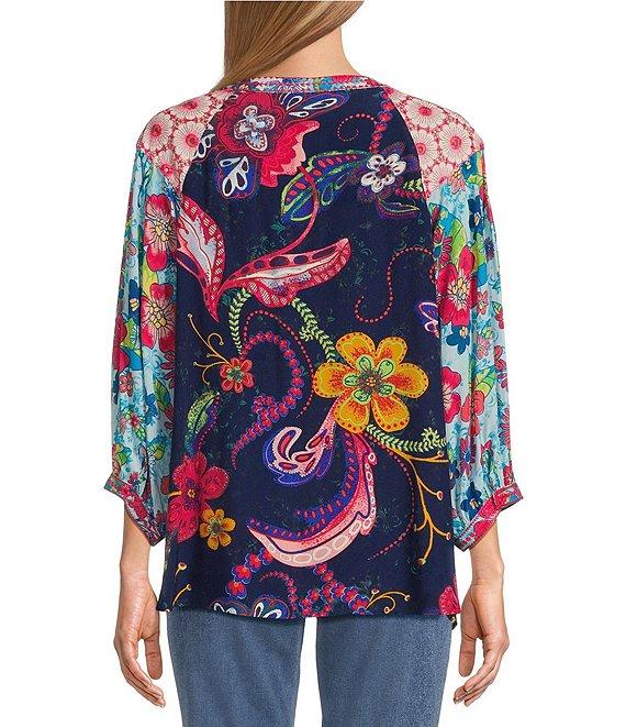 John Mark Embroidered Mixed Floral Print Split V-Neck 3/4 Sleeve Popover Top Product Image