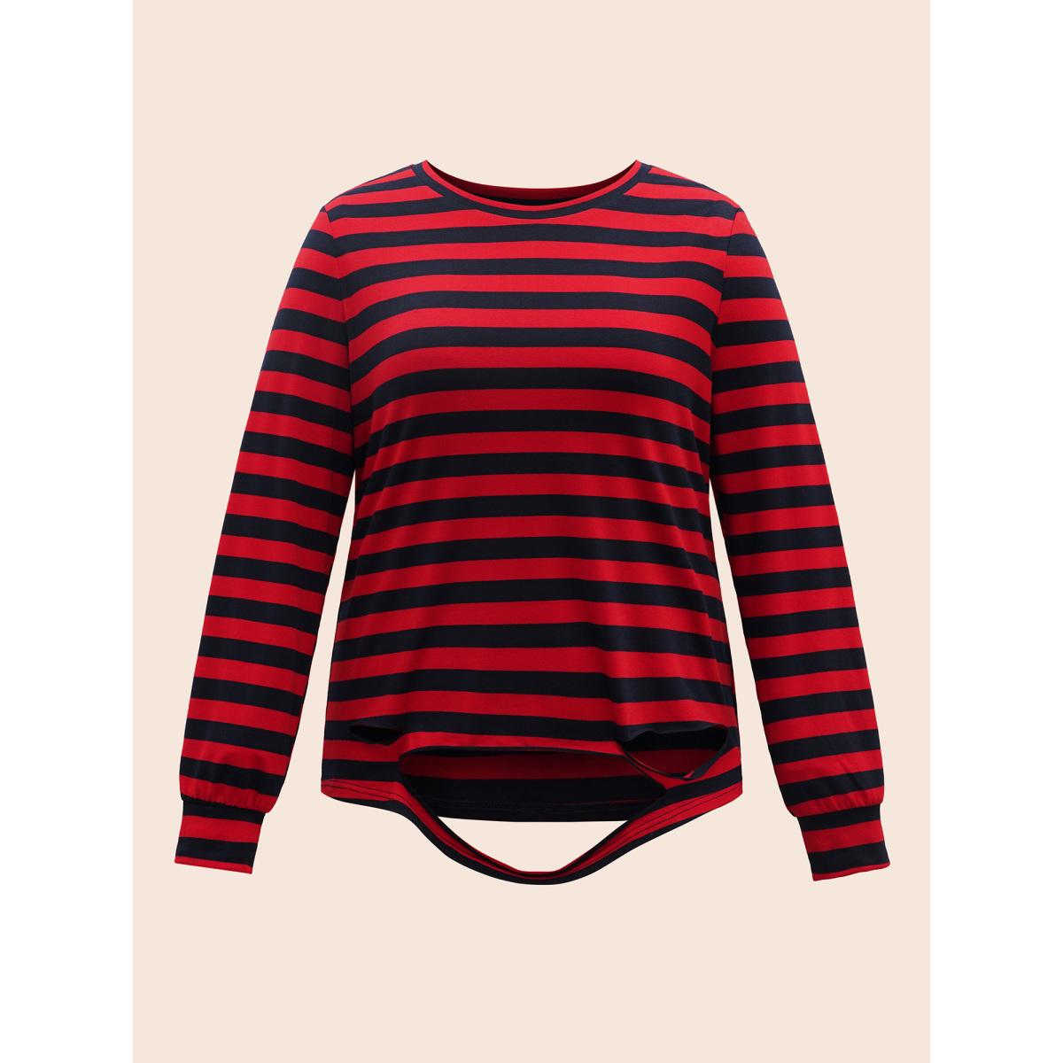 Plus Size Striking Striped Relaxed Fit T-shirt Brightred Women Casual Distressed Round Neck Everyday T-shirts BloomChic 12/L Product Image