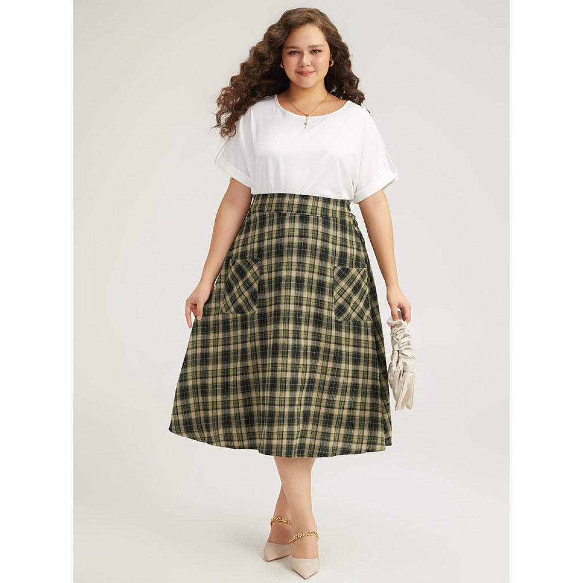 Plus Size Plaid Patched Pocket Button Up Skirt Women Multicolor Office Elastic Waist No stretch Pocket Work Skirts BloomChic 26/4X Product Image