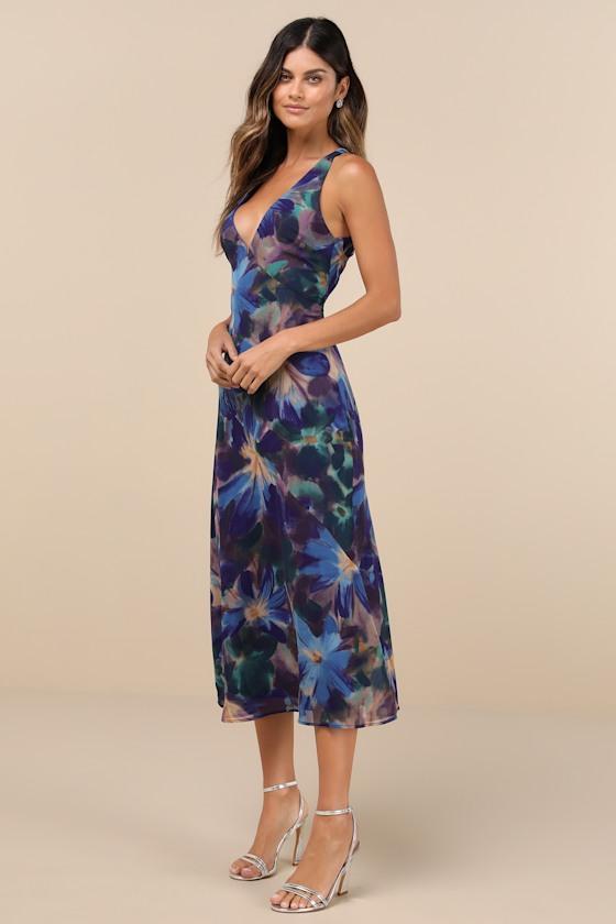Delight in Elegance Blue Multi Floral Halter Cutout Midi Dress Product Image