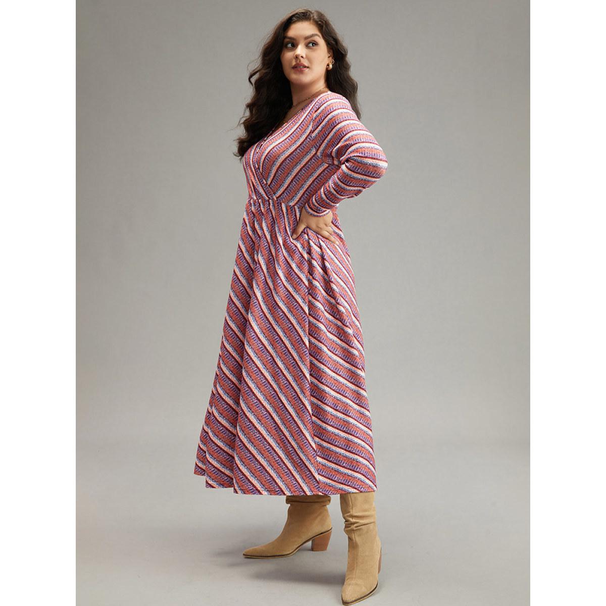 Plus Size Striped Elastic Waist Gathered Dress DustyPink Women Casual Printed V-neck Long Sleeve Curvy Midi Dress BloomChic 22-24/3X Product Image