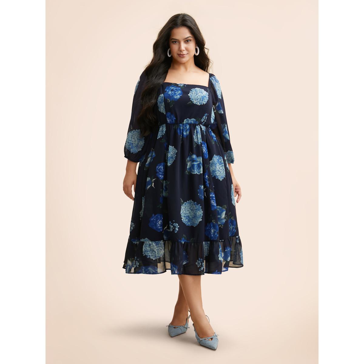 Plus Size Floral Patchwork Ruffle Hem Mesh Dress DarkBlue Women Elegant See through Square Neck Elbow-length sleeve Curvy BloomChic 18-20/2X Product Image