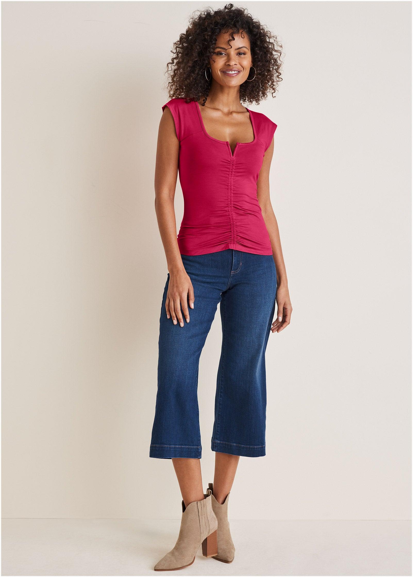 Ruched Cap Sleeve Top - Red Product Image