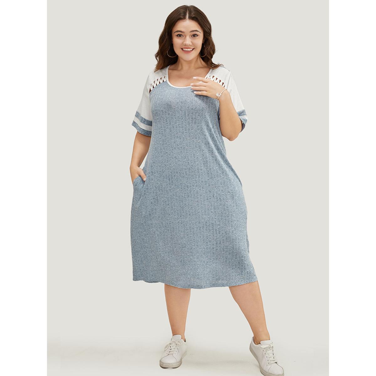 Plus Size Colorblock Contrast Pocket Crisscross Detail Rib Knit Dress Stone Women Casual Contrast Round Neck Short sleeve Curvy Midi Dress BloomChic 30/6X Product Image
