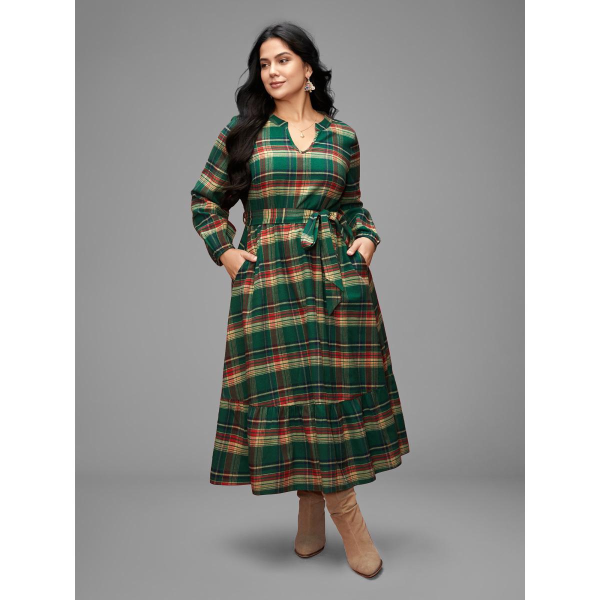 Plus Size Festive Notched Collar Plaid Dress Truegreen Women Leisure Belted Flat collar with V-notch Long Sleeve Curvy BloomChic 22-24/3X Product Image