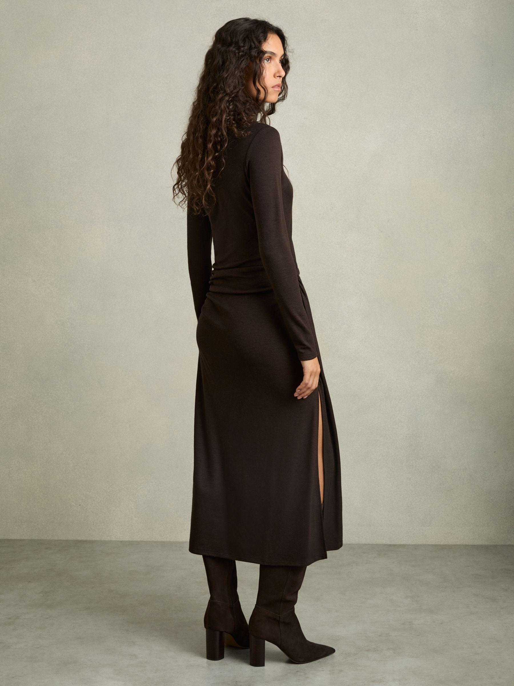 Wool Jersey Ruched Midi Dress in Brown Product Image