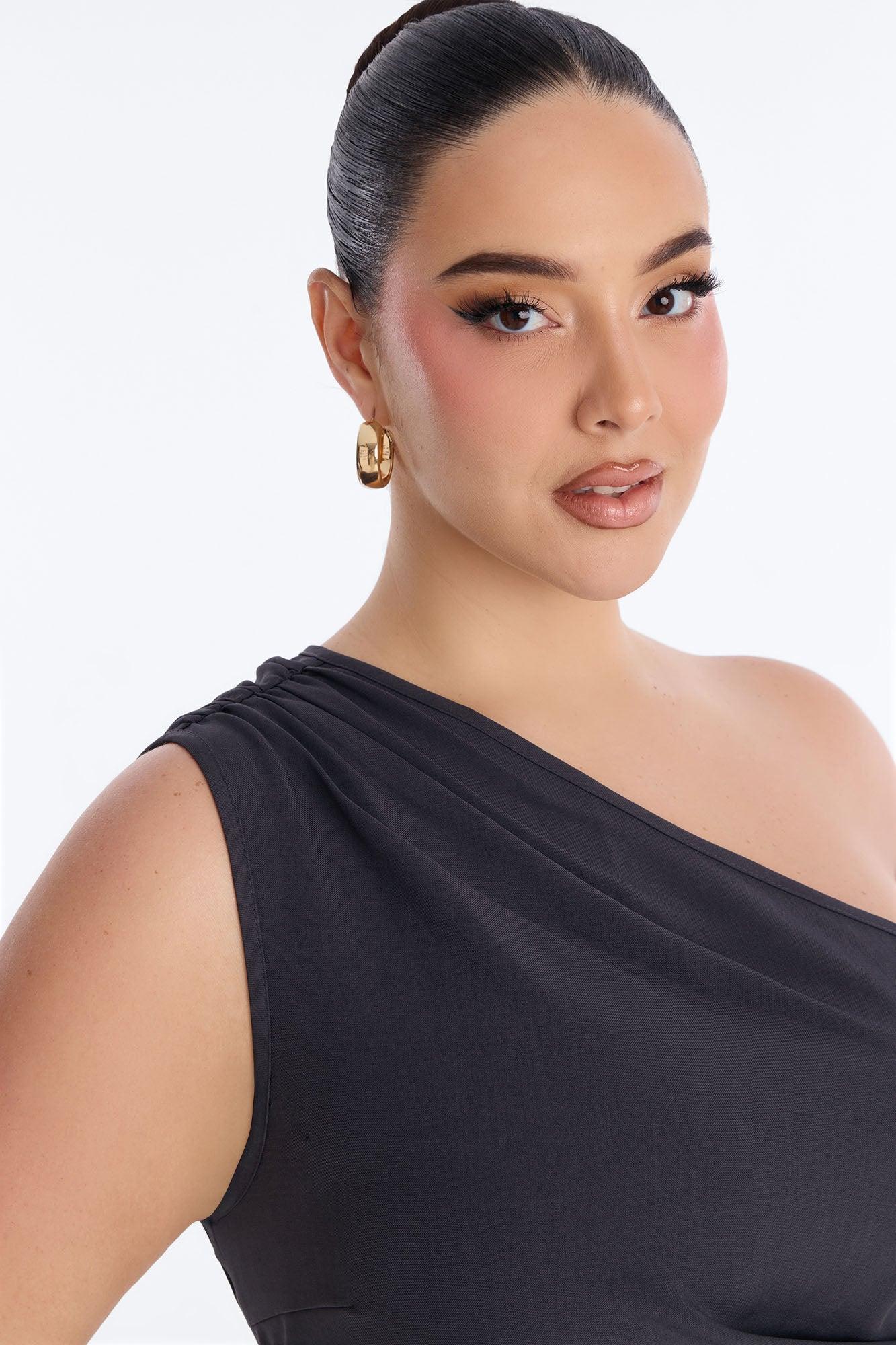 Muse In Motion One Shoulder Draped Top - Charcoal Female Product Image
