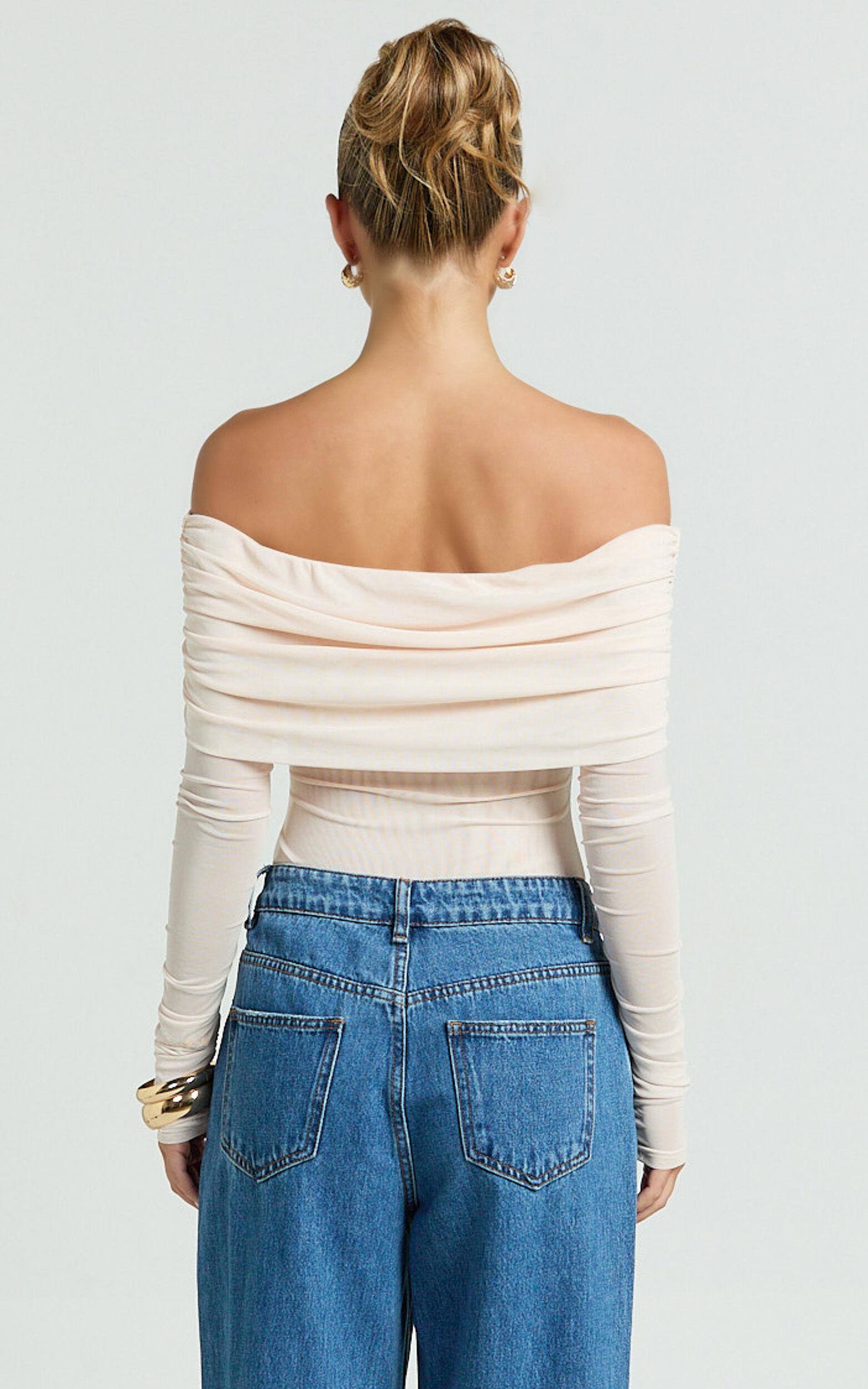 Jaythen Bodysuit - Long Sleeve Off Shoulder Ruched Mesh Bodysuit in Cream Product Image