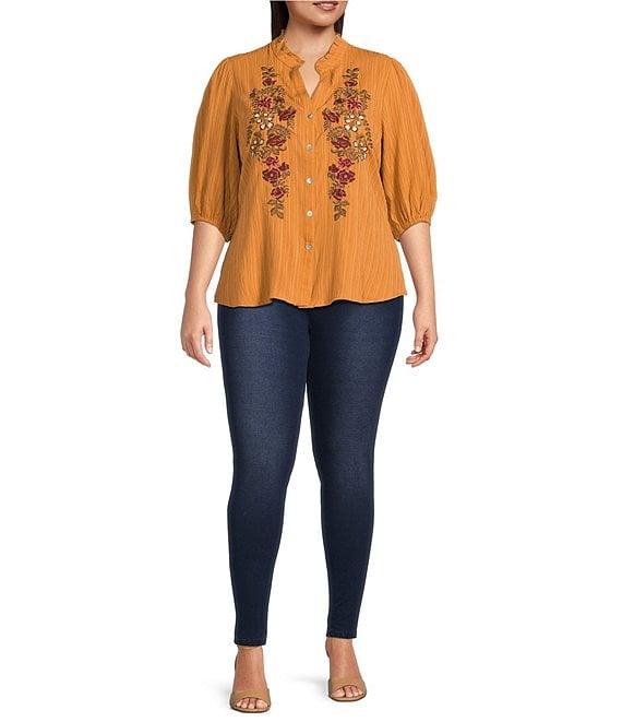 Calessa Plus Size Embroidered Floral Split V-Neck 3/4 Sleeve Button Front Tunic Product Image