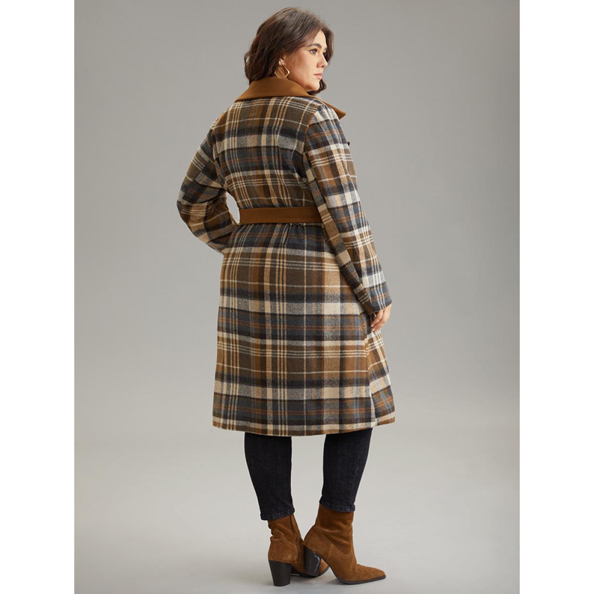 Plus Size Plaid Belted Contrast Lapel Collar Trench Coat Women Bronze Elegant Lined Ladies Dailywear Winter Coats BloomChic 14-16/1X Product Image