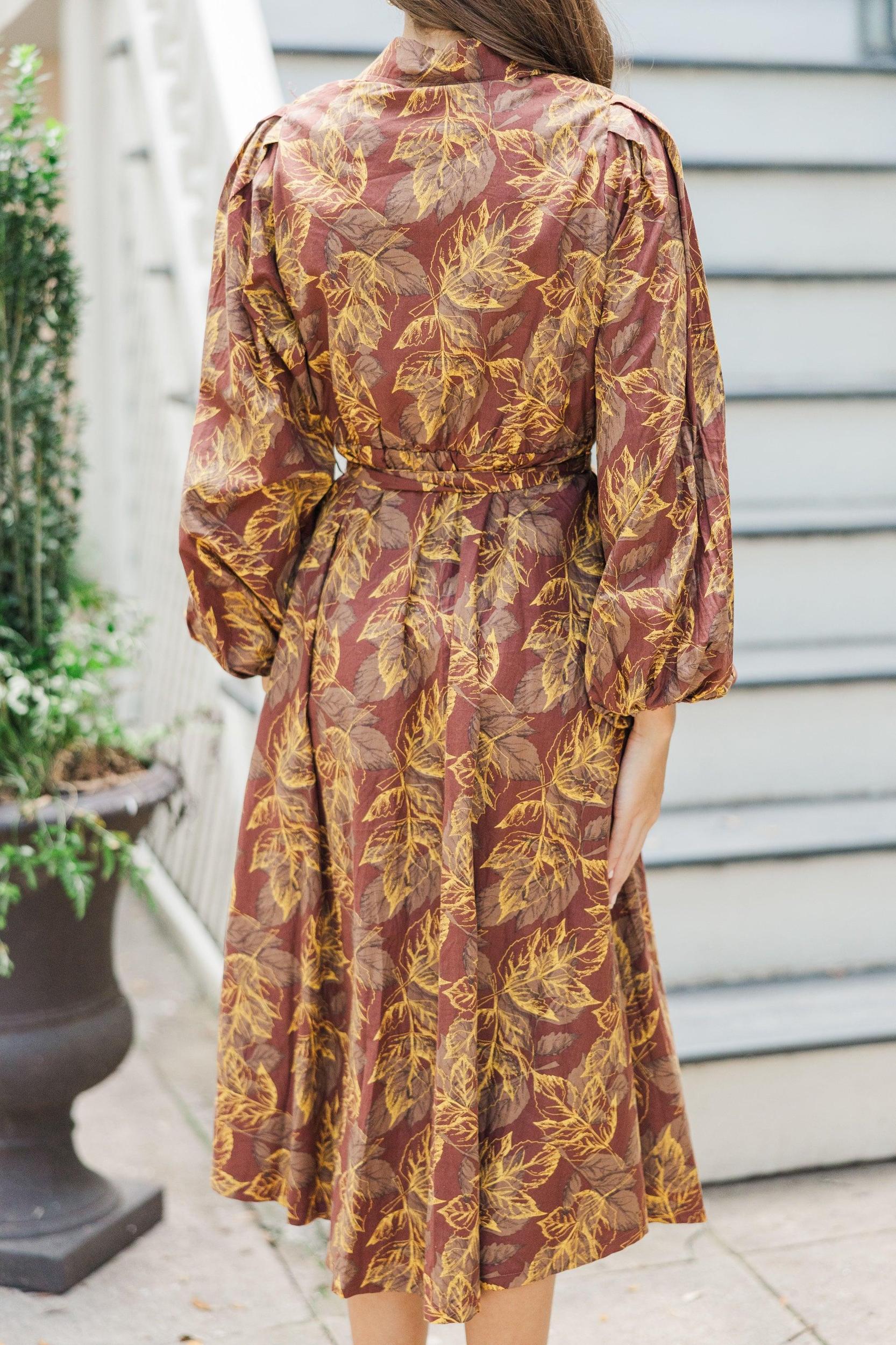 Somewhere Out There Brown Leaf Print Midi Dress Female Product Image