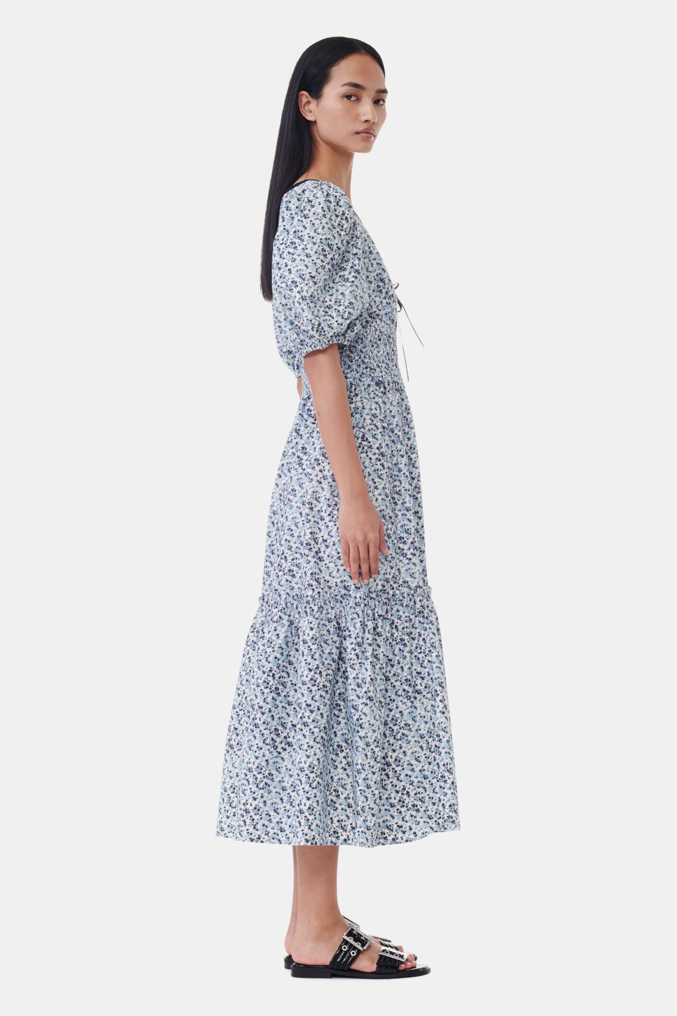 Blue Floral Printed Cotton Long Smock Dress Product Image