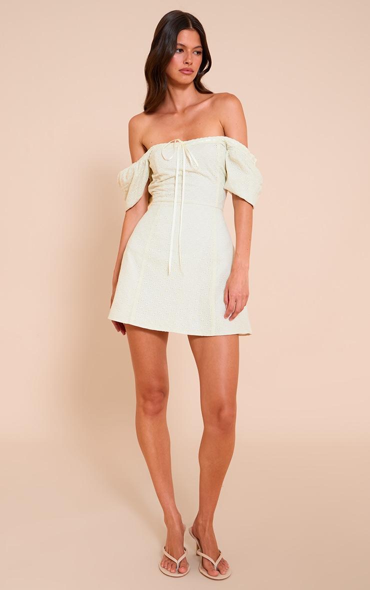 Cream Broderie Puff Sleeve A-line Mini Dress Product Image