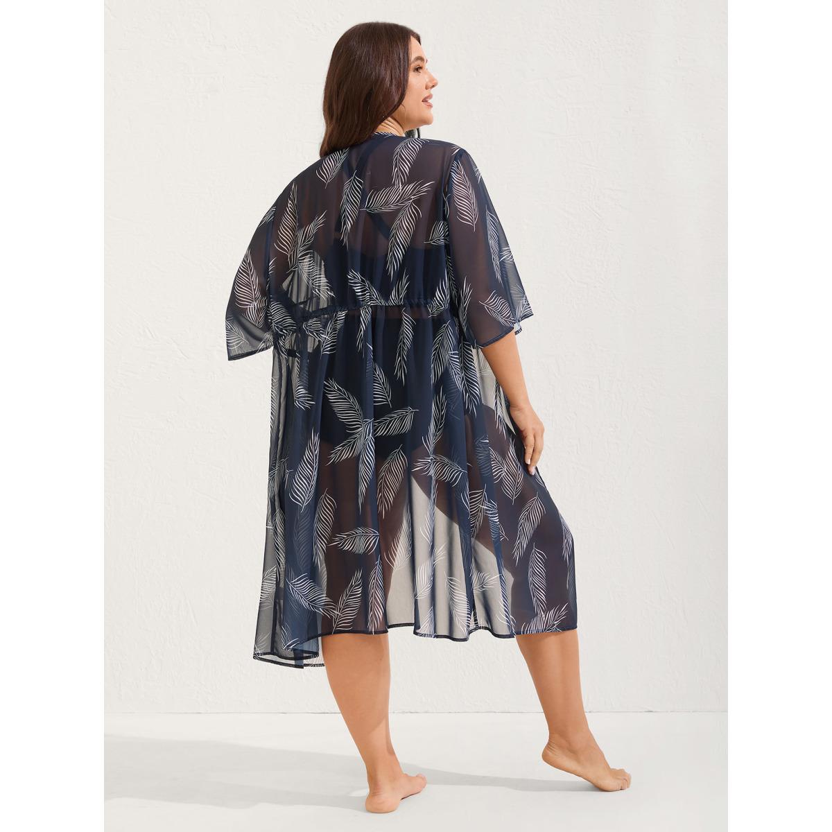 Plus Size Chiffon Feather Print Sheer Kimono Women DarkBlue See through Vacation Kimonos BloomChic 10/M Product Image