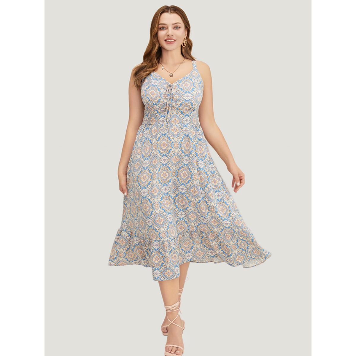 Plus Size Bandana Knotted Pocket Ruffle Hem Empire Waist Cami Dress Multicolor Women Vacation Adjustable Straps V-neck Sleeveless Curvy Midi Dress BloomChic 18-20/2X Product Image