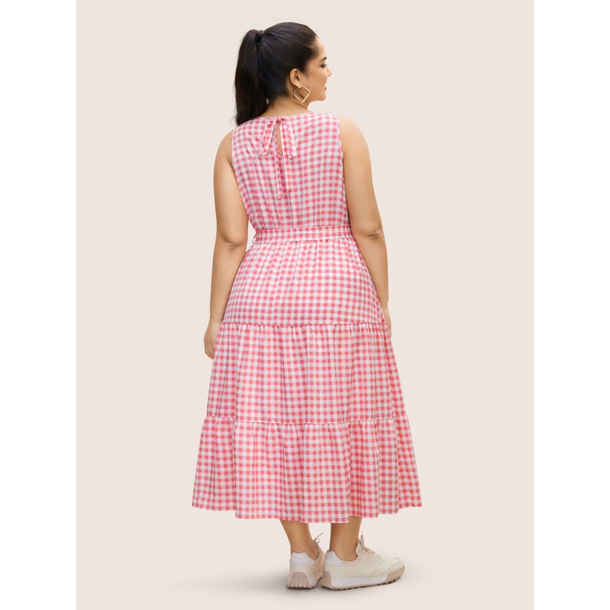 Plus Size Gingham Elastic Waist Sleeveless Maxi Dress Blush Women Casual Belted Round Neck Sleeveless Curvy BloomChic 10/M Product Image